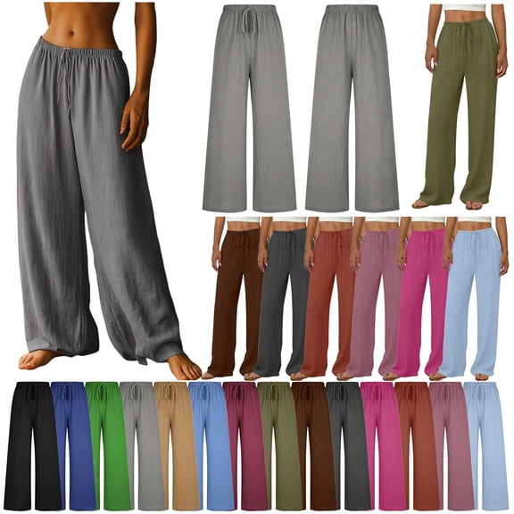 QATAINLAV Woman Casual Cotton Linen Pants Wide Leg Drawstring Elastic High Waist Palazzo Trousers Solid Color Loose Comfy Lounge Pant with Pockets Pink S