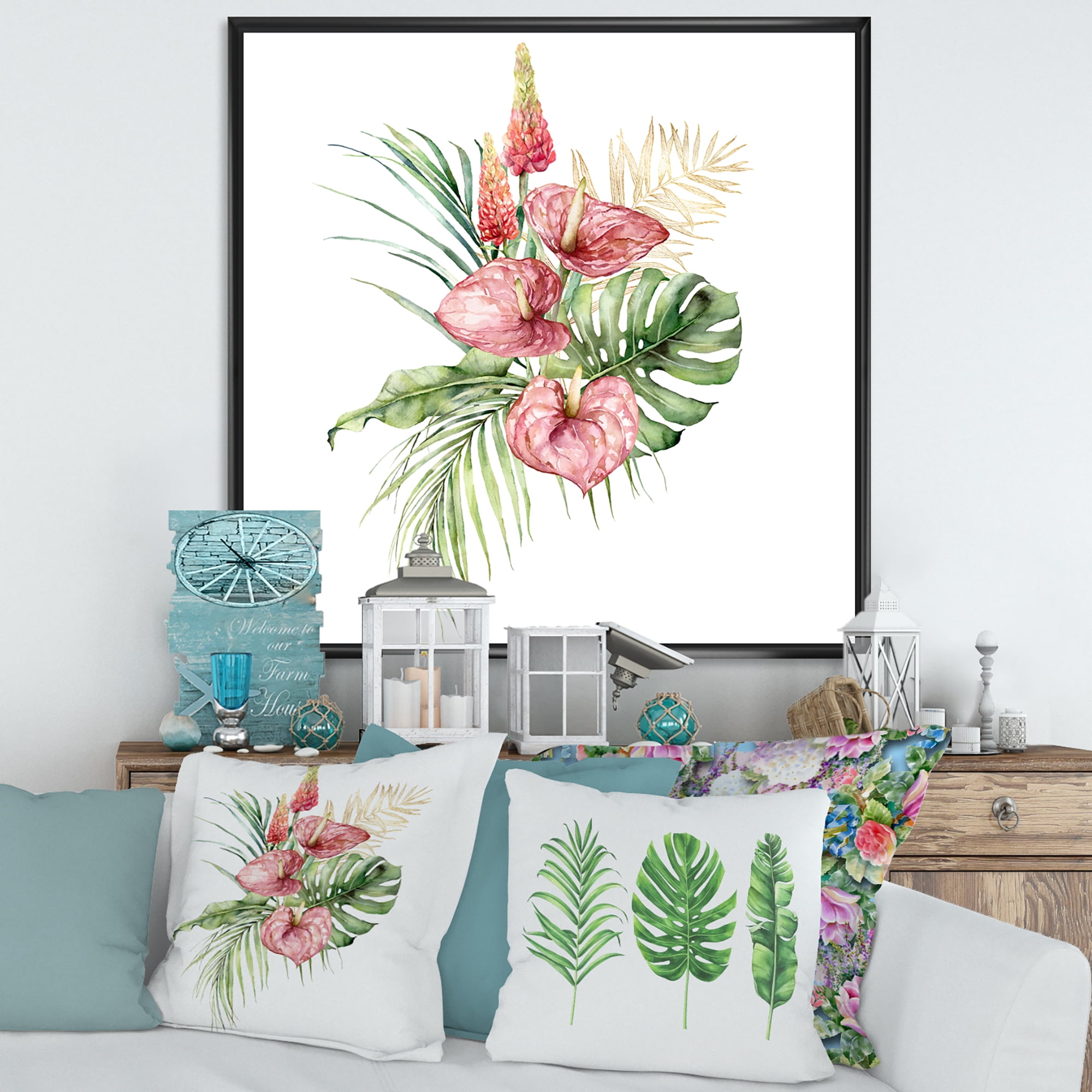 Designart 'Tropical Bouquet With Anthurium Lupine and Leaves On White I' Traditional Framed Canvas Wall Art Print