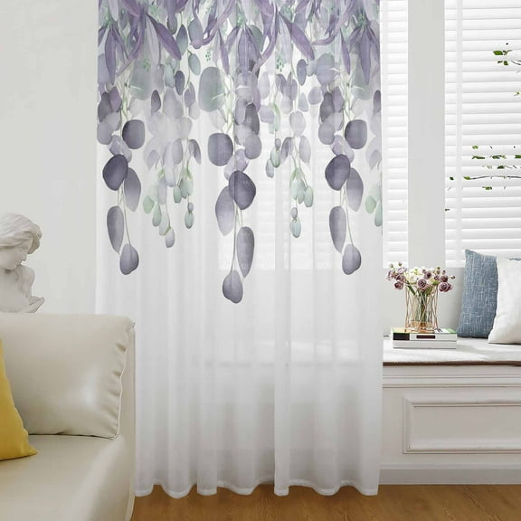 Purple Green Eucalyptus, Semi Sheer Curtains Drapes for Living Room, Bedroom, French Doors Window 54 Inches Long, Watercolor White Botanical Rod Pocket Chiffon Curtain Drapery Voile Draperies Panel