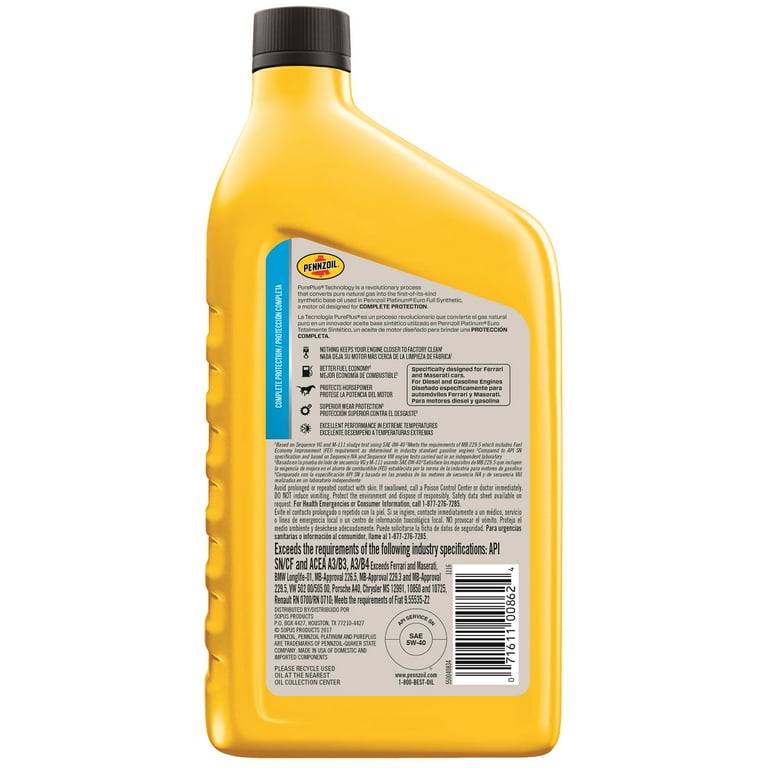 Pennzoil Platinum Euro 5W-40 Full Synthetic Motor Oil, 1