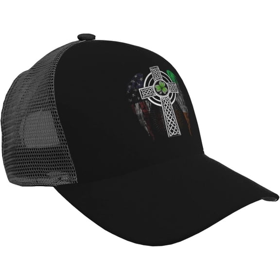 Irish American USA Flag Celtic Cross St Patrick's Day Trucker Hat - Mesh Baseball Snapback Cap for Men Or Women Outdoors Black