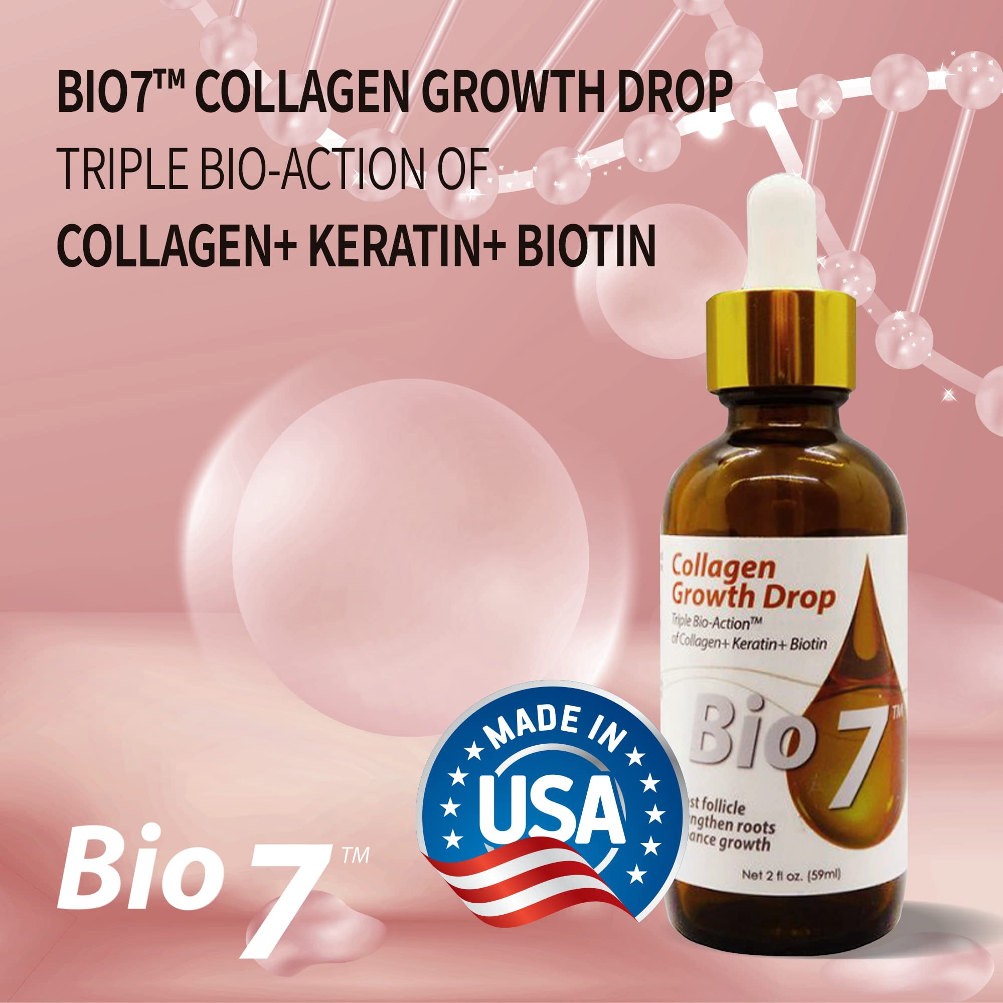 BIO7 COLLAGEN HAIR GROWTH DROP TRIPLE BIO-ACTION OF COLLAGEN + KERATIN + BIOTIN - 2 Fl Oz (2 Pack) - Boost Follicle, Strengthen roots, Enhance Hair Growth, Repair and Grow Damaged Hair