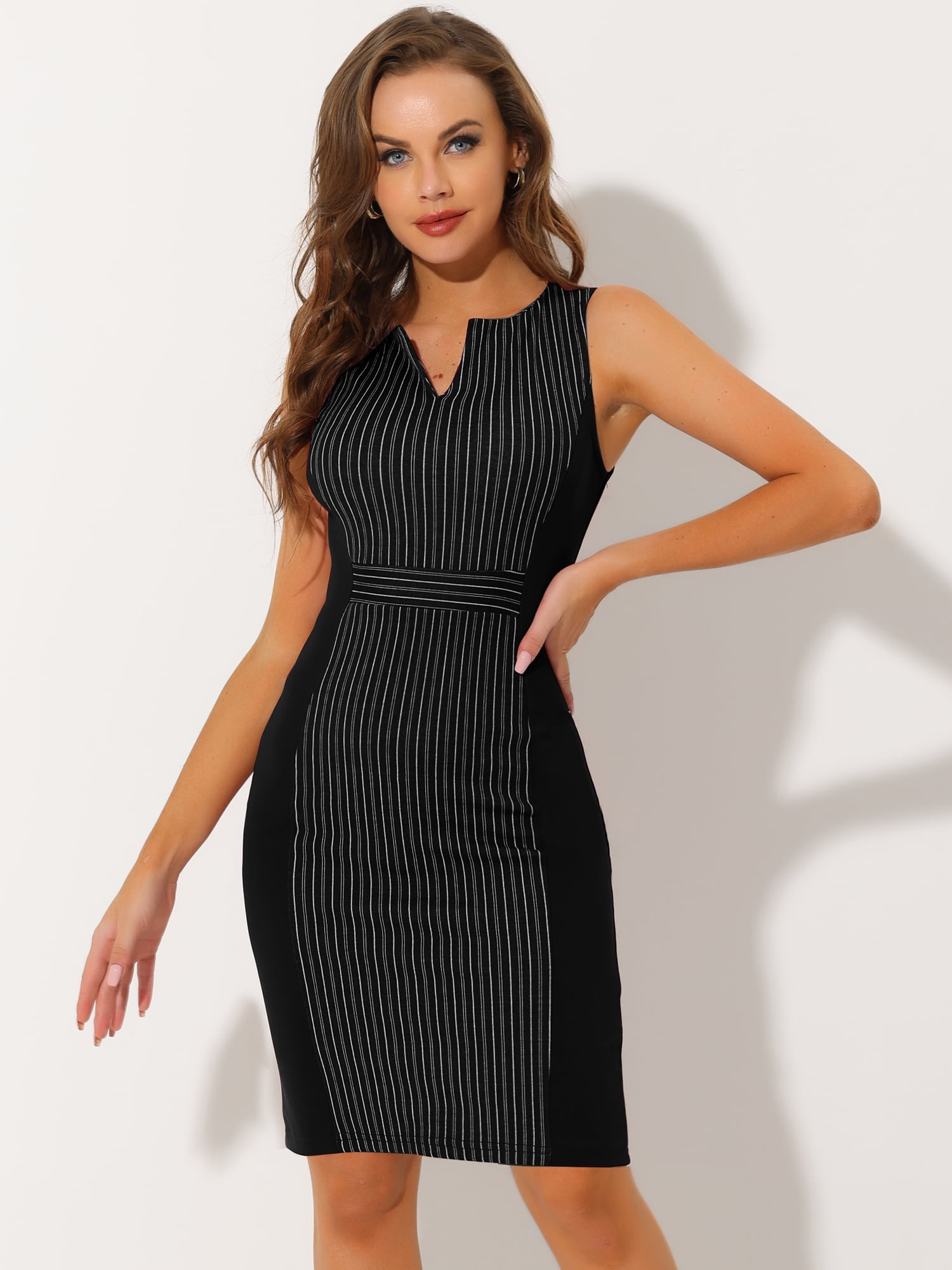 DARING DIVA V Neck Work Sleeveless Bodycon Mid-Length Pencil Dress M Black