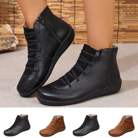 Puntoco Women's Round Toe Lace-Up Ankle Boots, Side Zipper Flat Thick Sole Casual Short Booties for Daily Brown 9