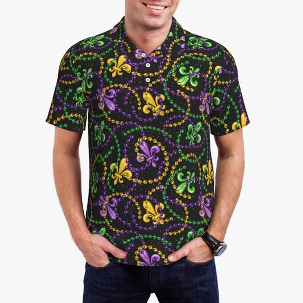 Balery Mardi Gras6 Camisa Polo de Hombre con Estampado, de Manga Corta y Tejido Medio, Camisa Tipo Golf Polo-Large