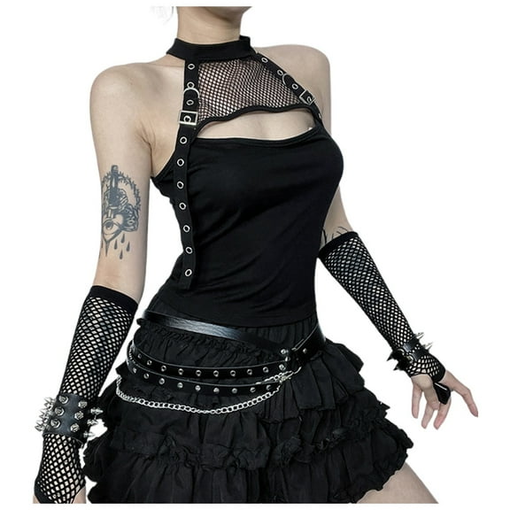 Women Summer Tops Women's Dark Crop Top Sexy Mesh Neck Vest With Sleeves | EU & US Trendy Style for Girls Size 1 Boy 12 Bright Bodysuit for Women Blouse Top Line Low Cut 2x Black M