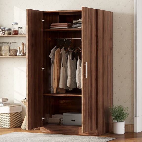 Wooden Wardrobe Armoire with 3 Storage Shelves, Functional 2-Door Storage Cabinet for Bedroom