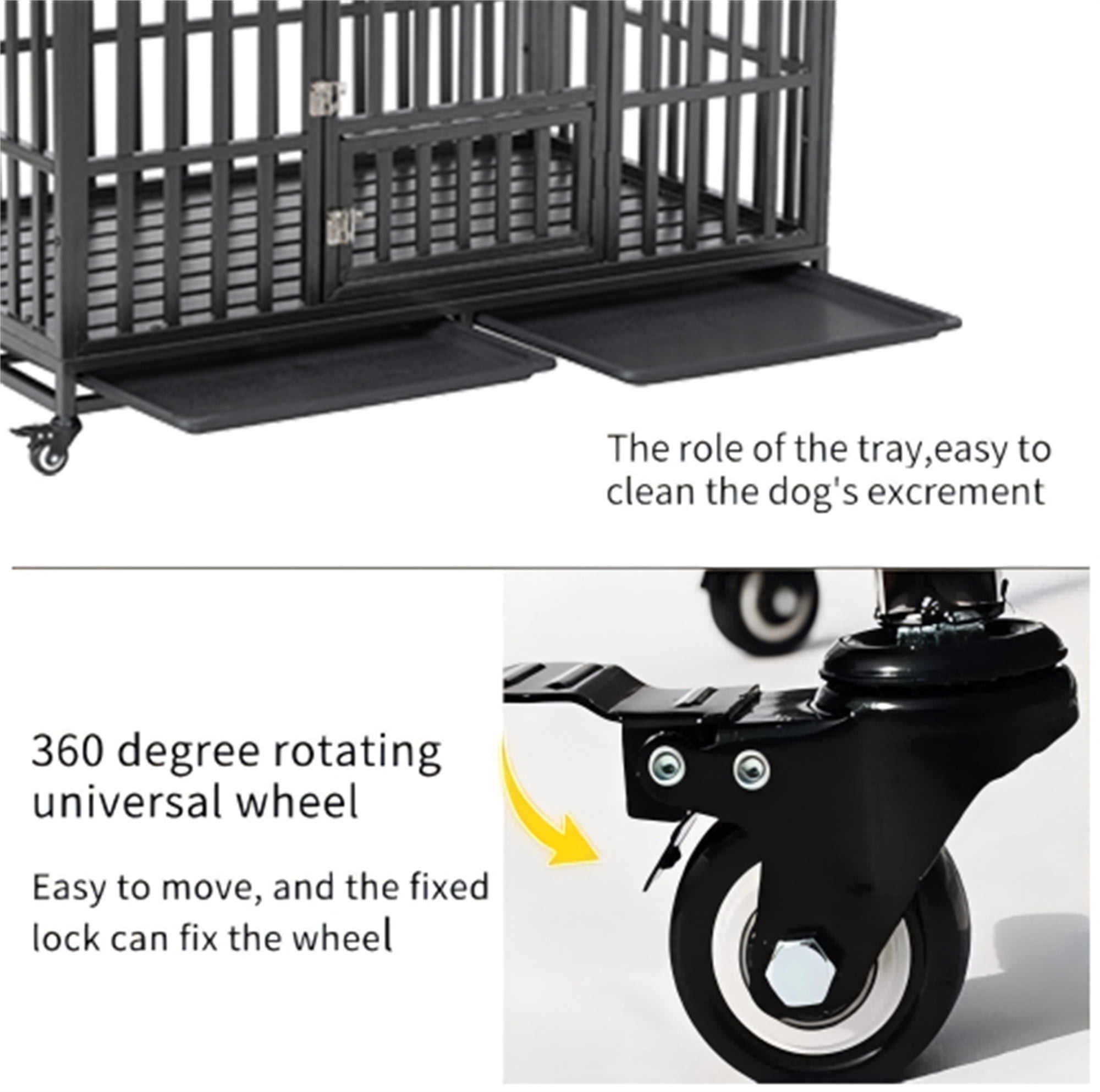 Aukfa 48 in Indestructible Dog Crate Heavy Duty Escape Proof Dog Cage Kennel w/ Lockable Wheels&Removable Tray