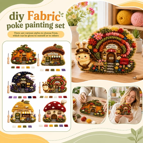 Whimsical Village 3D Fabric Poke Art Kit, Pre-Cut Fabric Blocks & Punch Tool with Guide, Easy Handmade Decor Gift for Beginners (Oak Nut Bakery)