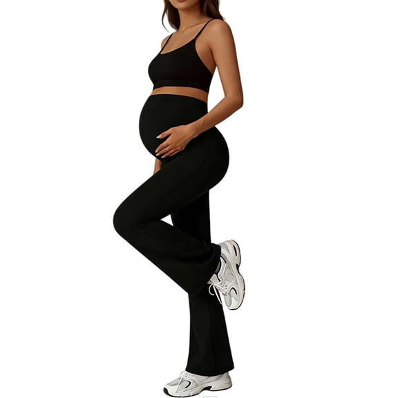 HOWPAY Maternity Flare Leggings over the Belly High Waisted Yoga Pants for Workout Lounge Bell Bottoms Soft Casual Pregnancy Activewear Black L