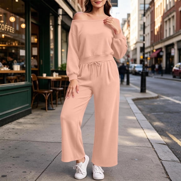 FDGIU Women's Off Shoulder 2 Piece Outfits, Long Sleeve Crop Top & Drawstring Wide Leg Pants Set, Solid Casual Tracksuit for Daily Wear