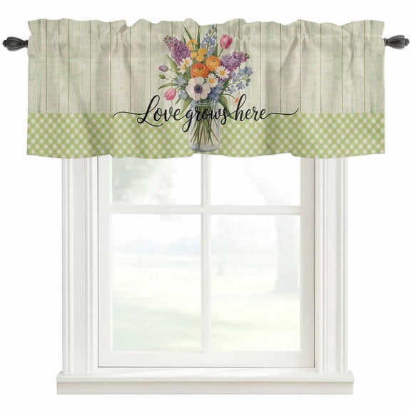 Watercolor Flowers Rod Pocket Curtain Valance, Spring Floral Sage Green Stripes Check Farmhouse Window Valance for Living Room, Bedroom, Kitchen 42"W x 12"L