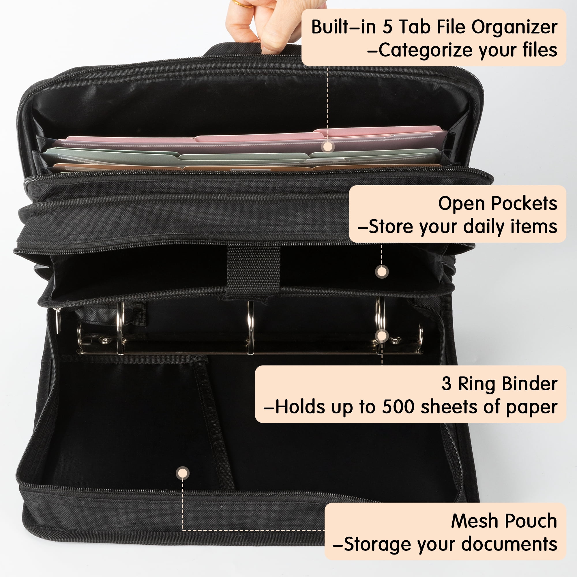 Deli Zipper Binder 2 inch 3 Ring 500 Sheet Capacity Multi-Pocket Binder with 6-Color Tabbes, Black