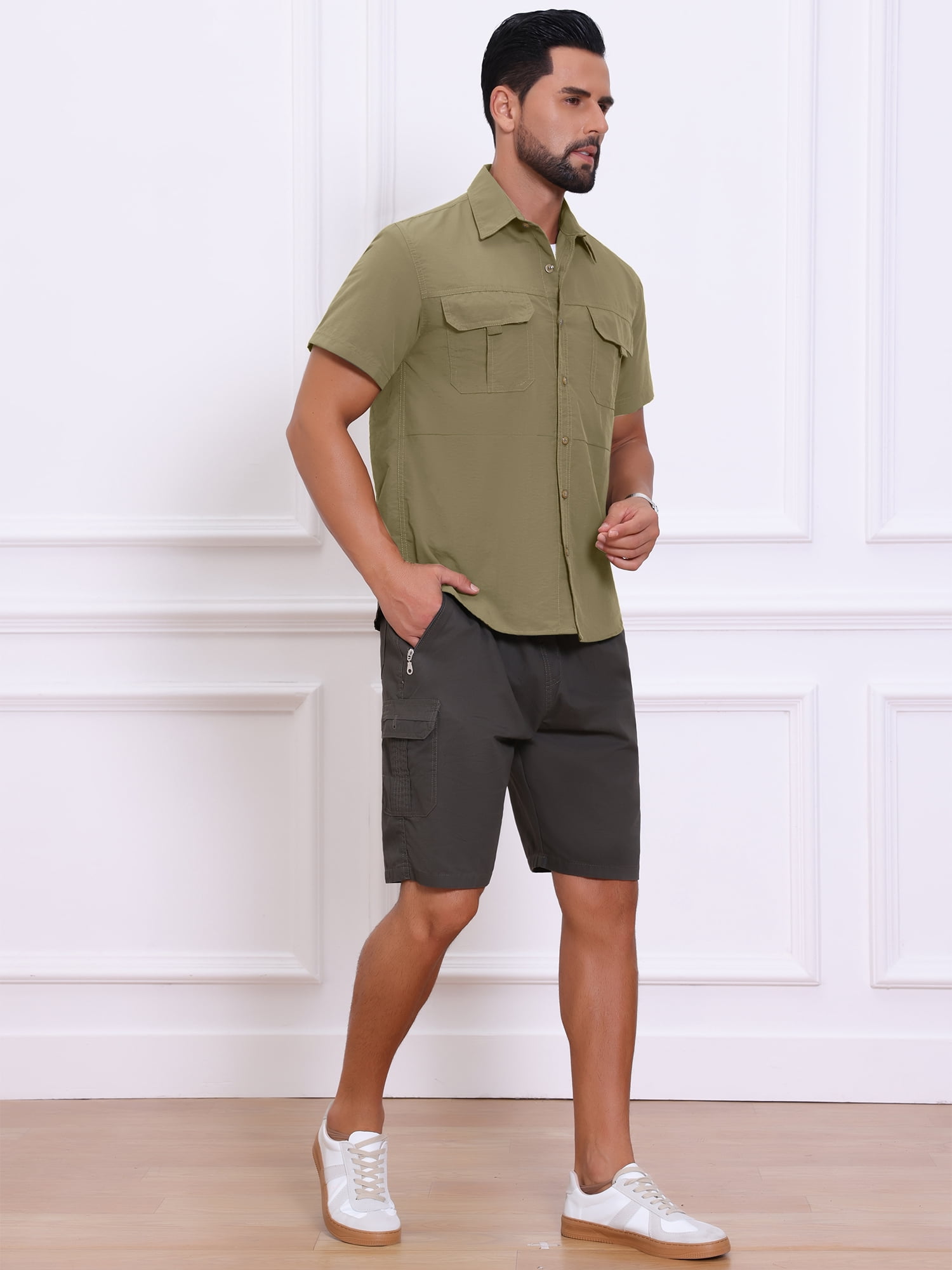 DARING DIVA Men's Solid Cargo Short Sleeve Button Down Utility Shirts M Khaki