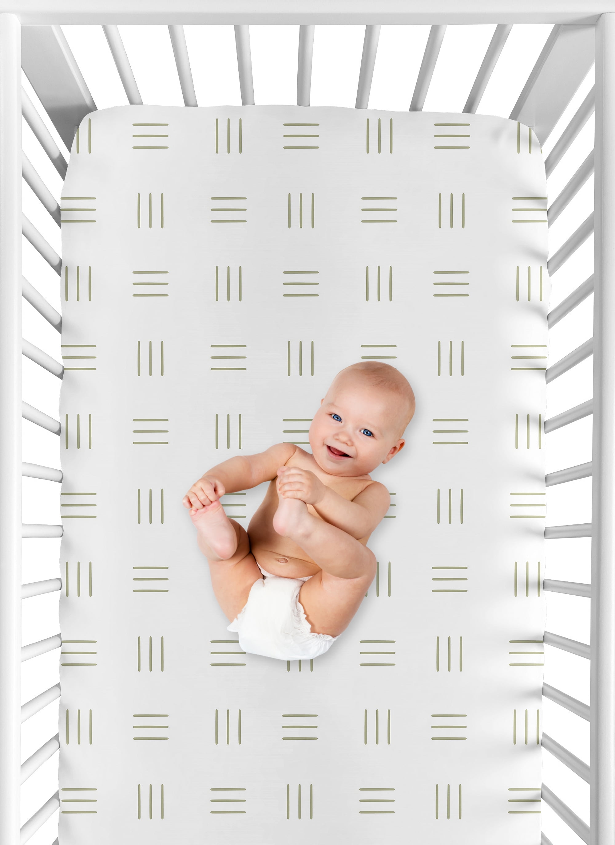 Sweet Jojo Designs White and Green Boho Mudcloth Boy or Girl Fitted Crib Sheet Baby or Toddler Bed Nursery - Sage Bohemian Woodland Tribal Southwest Mud Cloth Hatch Gender Neutral Triple Line
