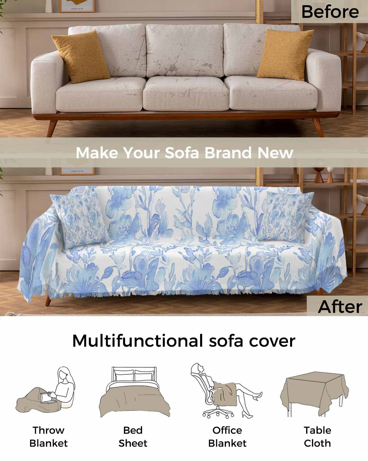 Blue Botanical Sofa Couch Covers for Dog,Washable Sofa Throw Cover Single Slipcoverfor Armchair with Tassels,Retro Ink Floral Flower Modern Minimalist Couch Protector Towel Blanket Medium 71x91