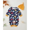 thumbnail image 2 of Kucnuzki Infant Baby Boys Bodysuits 12-18 Months Baby Boys Winter Clothes Round Neck Long Sleeves Romper Dinosaur Print One-piece Overalls with Hat 2pcs Blue, 2 of 8