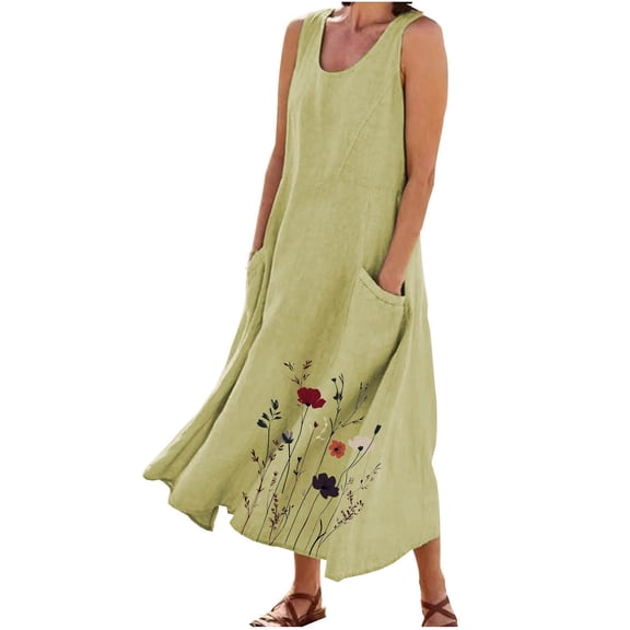 Womens Summer Dresses Casual Fashion Solid Color Sleeveless Round Neck Pocket Dress Skirt Fashion Beach Vacation Clothes Green (Size:S-5XL)