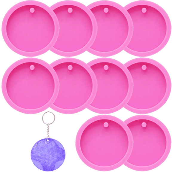 10 Pack Round Keychain Silicone Mold Flat Circle Resin Molds with Hole, Keychain Charms Epoxy Resin Molds Casting Molds for DIY Earrings, Pet Tag, Crafts Making