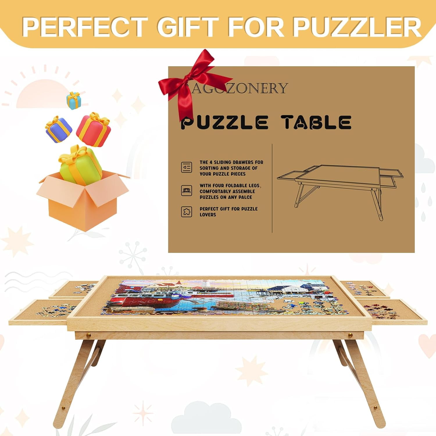 G TALECO GEAR Jigsaw Puzzle Table with Drawers, Legs and Cover, Wooden Puzzle Board for Adults 1500 Pieces, Puzzles Accessories, 34.3 "x 26.5"