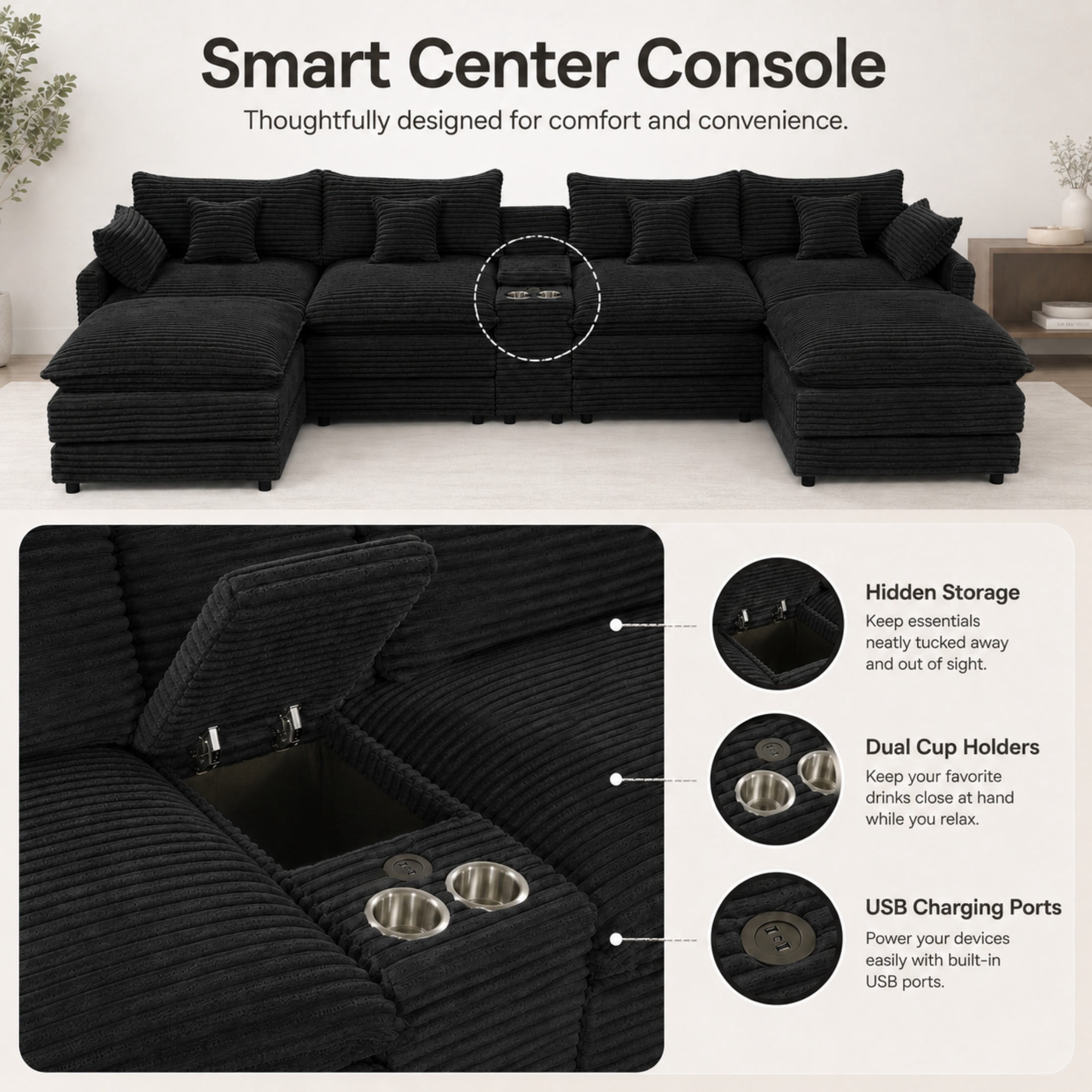 Aenkyo 141-Inch U-Shaped Corduroy Cloud Sectional Sofa with Console, Black