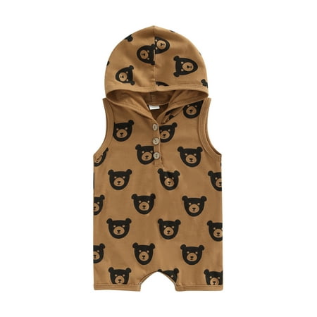 

Genuiskids Infant Newborn Baby Hooded Romper Sleeveless Cartoon Bear Printed One Piece Jumpsuit for Baby Boys Girls 0-18M