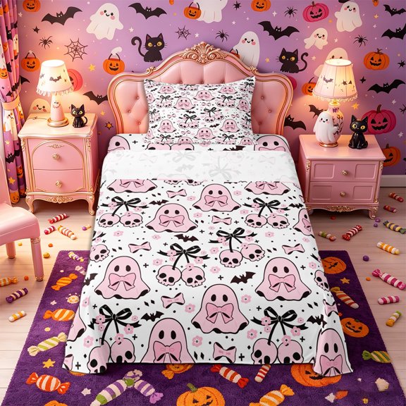 Manfei Kawaii Bow Ghost Twin Sheets 3pcs, Halloween Skull Cherry Bat Bedding, White Pink Black,1 Fitted Sheet, 1 Flat Sheet and 1 Pillowcase