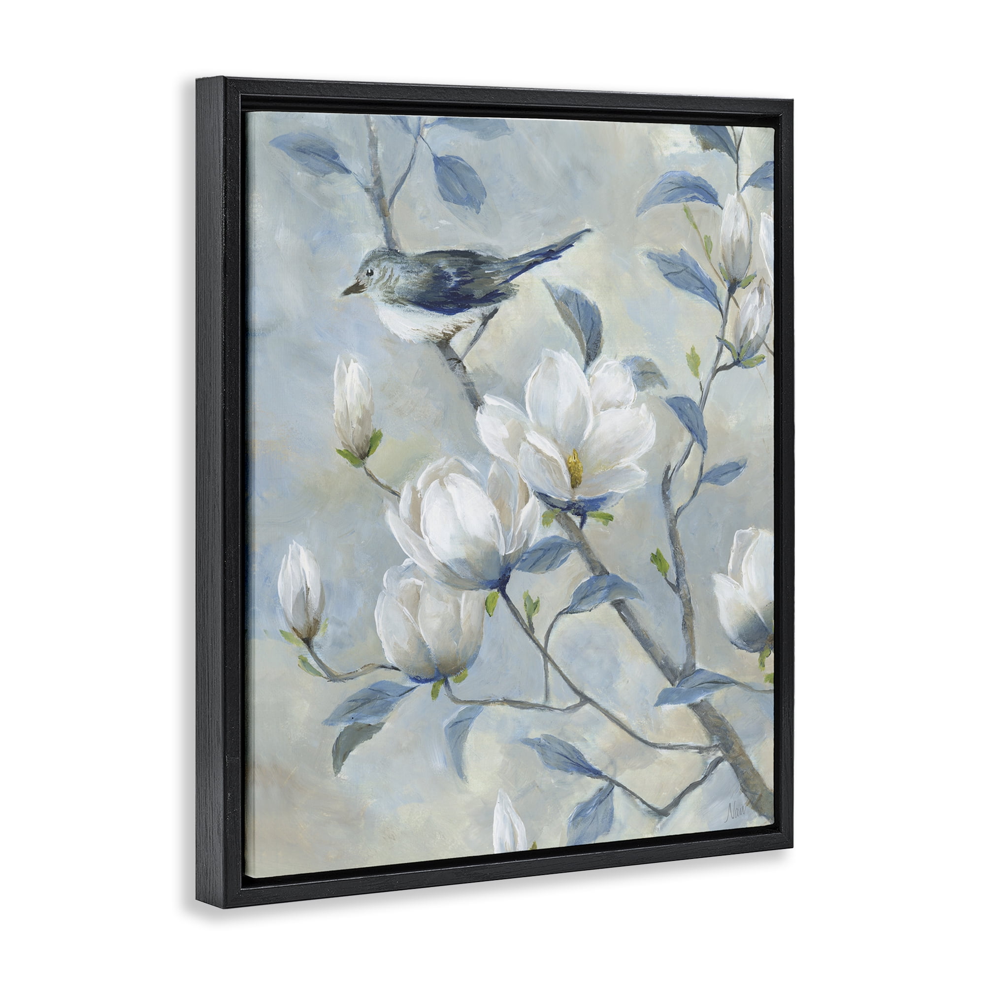 Stupell Industries Blue Bird in Magnolia Tree Black Framed Floater Canvas Wall Art, design by Nan