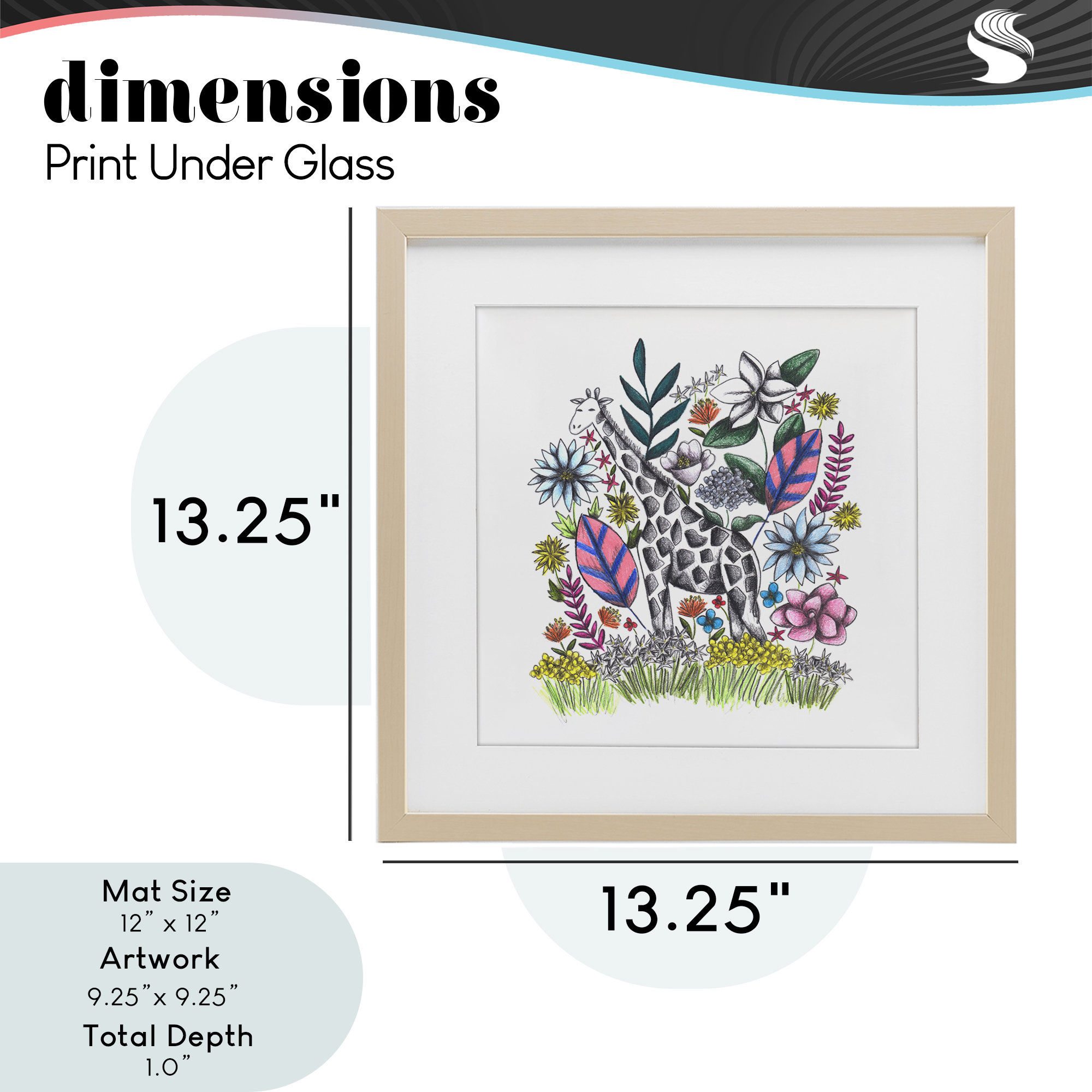 Giraffe in Midst of Flowers Birch Framed Print Under Glass, design by Cecilia Battaini
