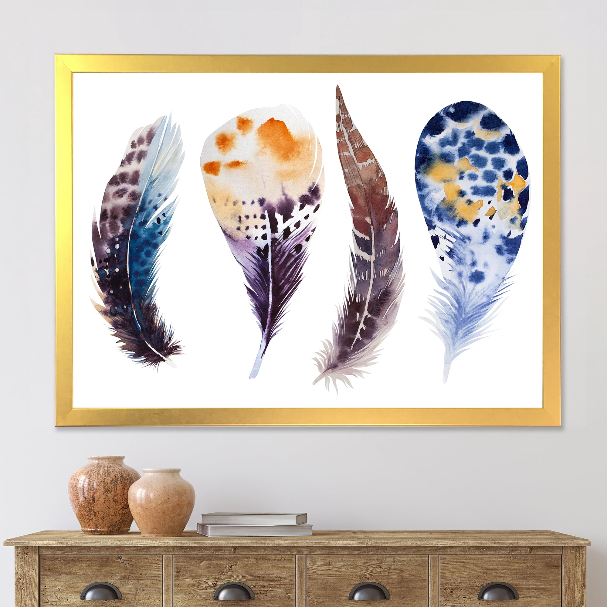 Designart 'Colourful Boho Feather Set On White VIII' Bohemian & Eclectic Framed Art Print