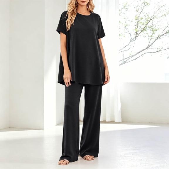 Costeam Womens Solid Two Piece Co Ord Set Flutter Short Sleeve Tunic Top Wide Leg Long Pants Dual Side Pockets Soft Knit Loose Fit Casual Loungewear Outfit