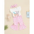 thumbnail image 5 of Musuos Kid Girls Pants Set, 12 18 24M 3 4T Fly Sleeve Letters Print T-shirt with Bunny Print Flare Pants and Headband Easter Outfit, 5 of 10