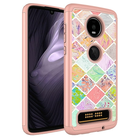 Moto Z4 Play Case, KAESAR Hybrid Dual Layer Graphic PU Leather Colorful TPU Fashion Protective Cover Armor Case for Motorola Moto Z Play 4th Generation (Geometric Square Marble)
