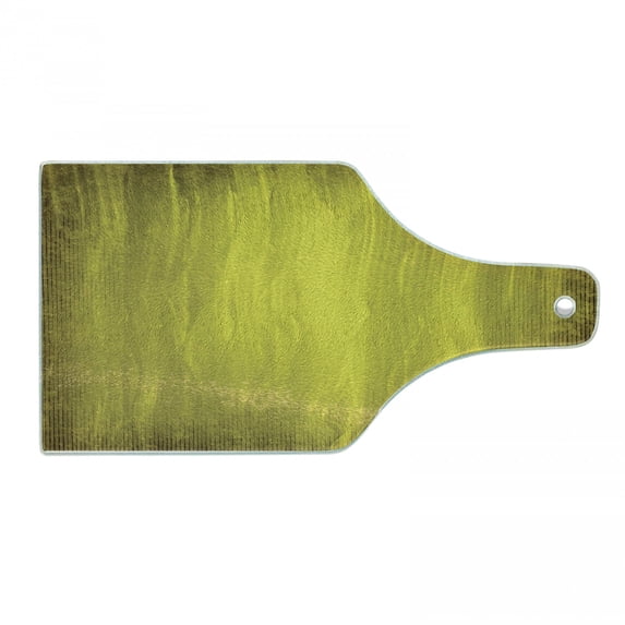Yellow Cutting Board, Abstract Retro Design Art with Wavy Vertical Lines Simple Modern Design, Decorative Tempered Glass Cutting and Serving Board, Wine Bottle Shape, Green Olive Green, by Ambesonne