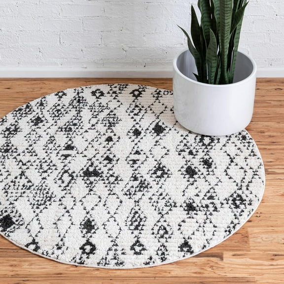 Unique Loom Morocco Collection Area Rug - Medina (4' 1" Round Ivory/Black)