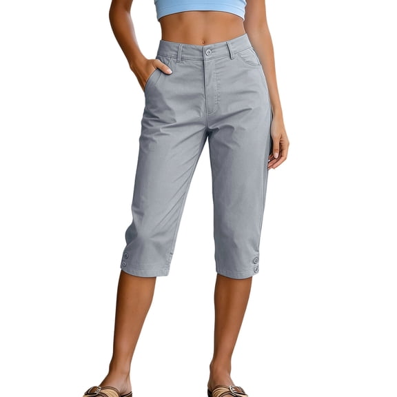 cocolona Womens Summer Stretch High Waisted Capri Pants Solid Color Elastic Waist Straight Cropped Work Pants with Pockets