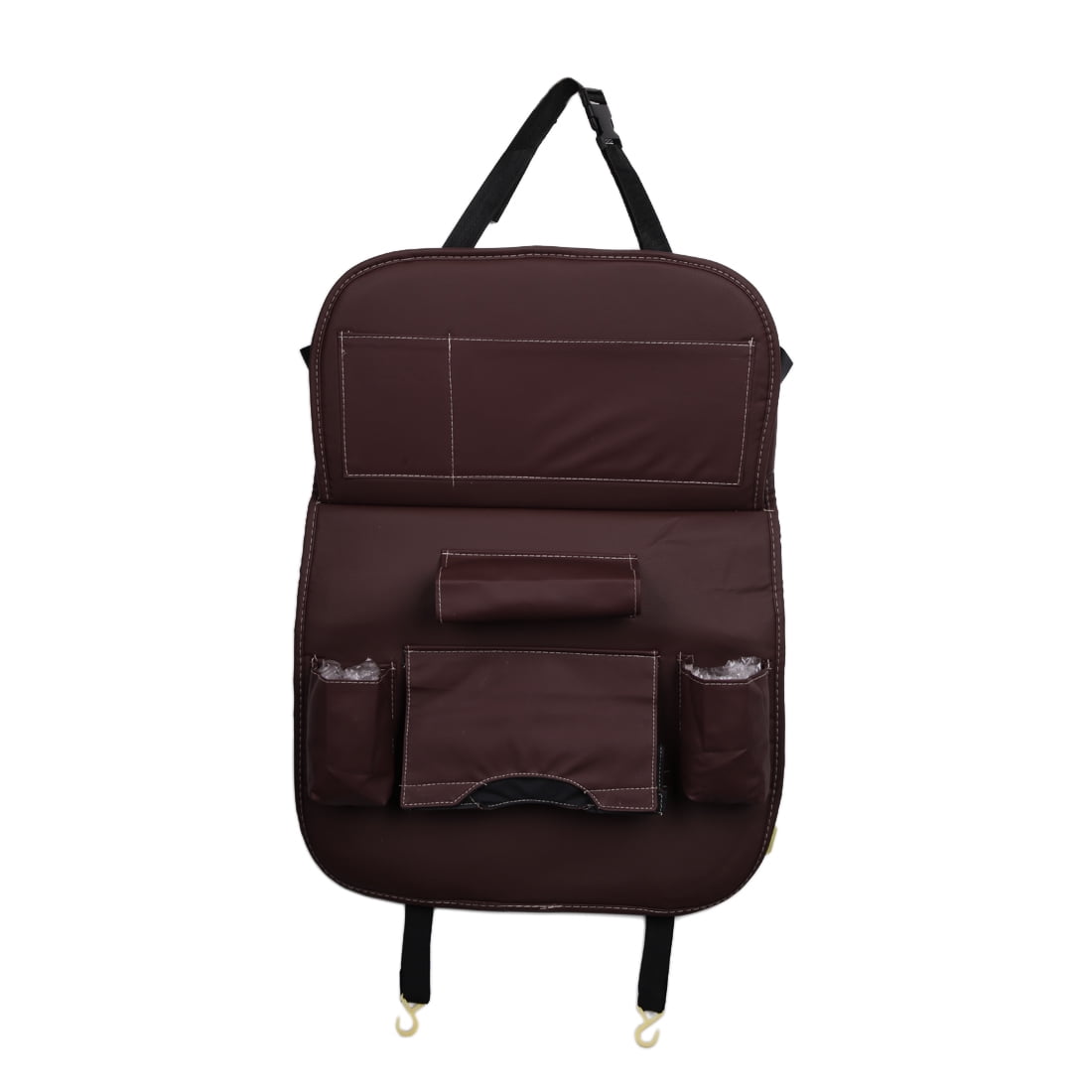 Dark Brown Faux Leather Car Seat Back Multi Fuction Organizer Folding Food Table Storage Bag Holder