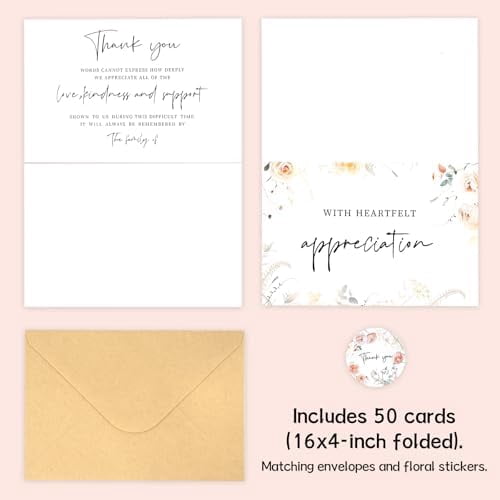 50pcs Funeral Thank You Cards with Envelopes and Matching Seal Stickers,Sympathy Thank You Cards with Message Bereavement 4×6 Inches$$Office