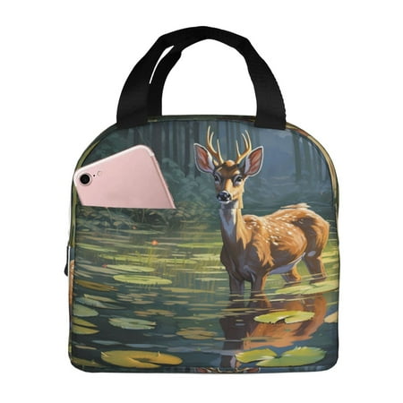Insulated Lunch Bag for Women Men - Peaceful Deer Lily Pond Leakproof Cooler Lunch Box for Women Men  Lunch Tote Bags for Work School Picnic Travel