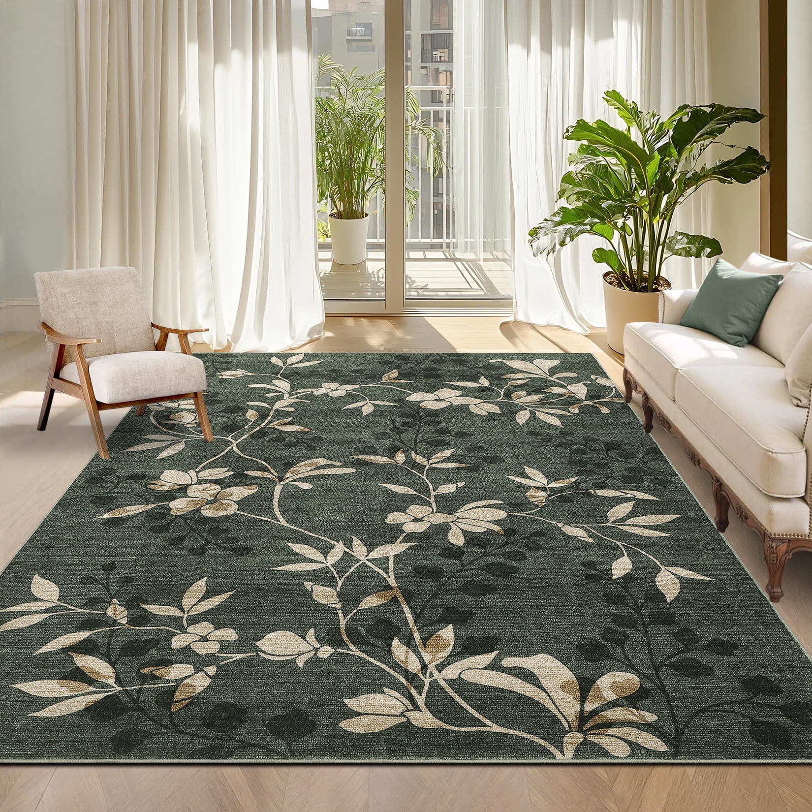 FairOnly Green 10'x13'Large Modern Floral Printed Area Rug Low Pile Non Slip Soft Carpet for Living Room