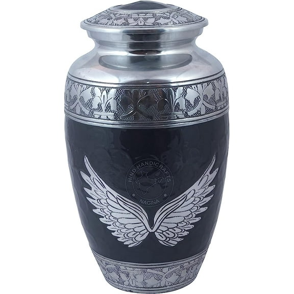 Silver Engraved Cremation Urn for Human Ashes Adult Funeral Urn Handcrafted - Large Burial Urn for Human Ashes - BAG INCLUDED (6.5" x 6.5" x 10.5", Angel Wing-6)