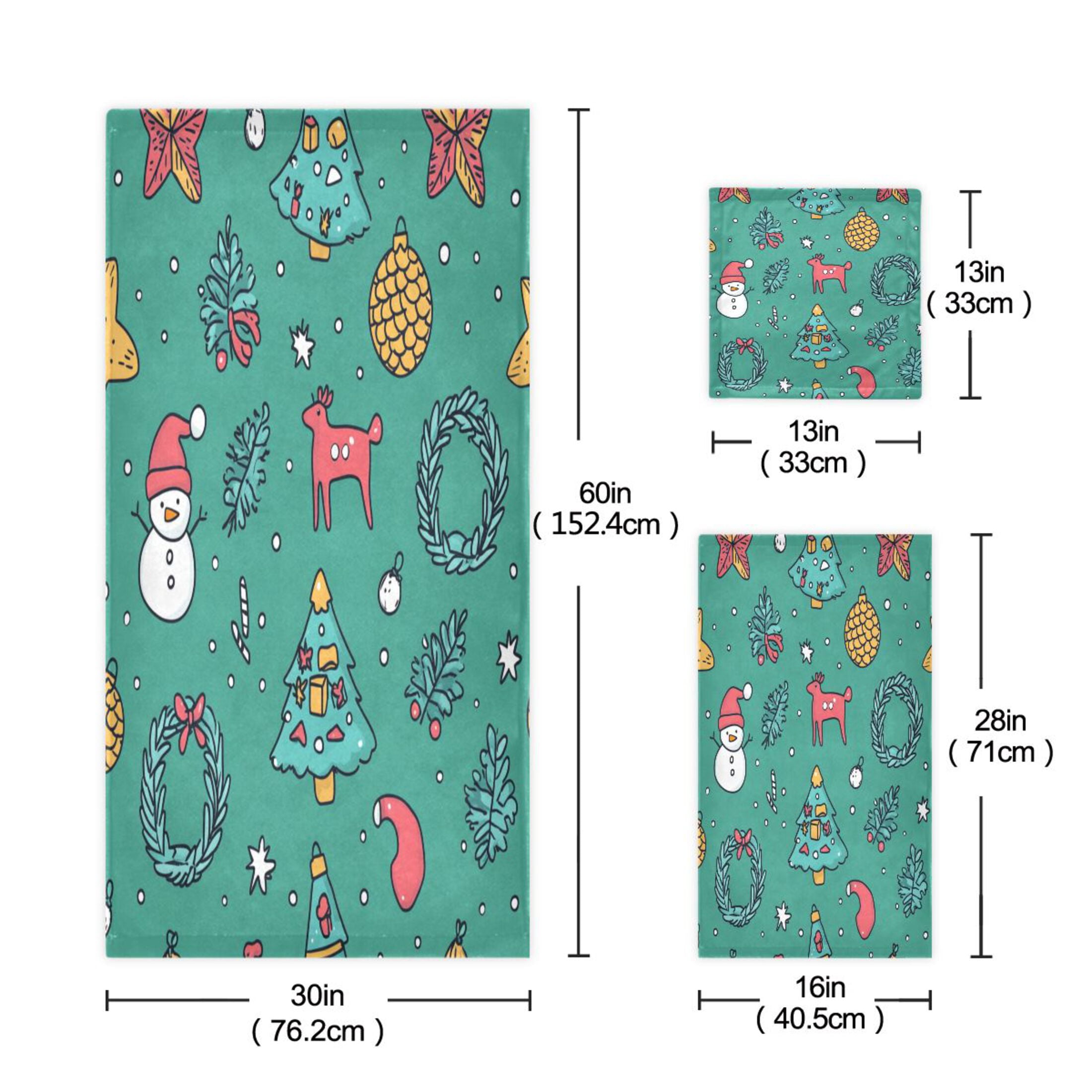 WOBOGO Cartoon Christmas Patterns with Simple Lines Ultra Soft 3 Pack Cotton Towel Set Includes 60 x 30in Bath Towel 28 x 16in Face Towel and 13 x 13in Small Square Towel for Everyday Use Lightweight