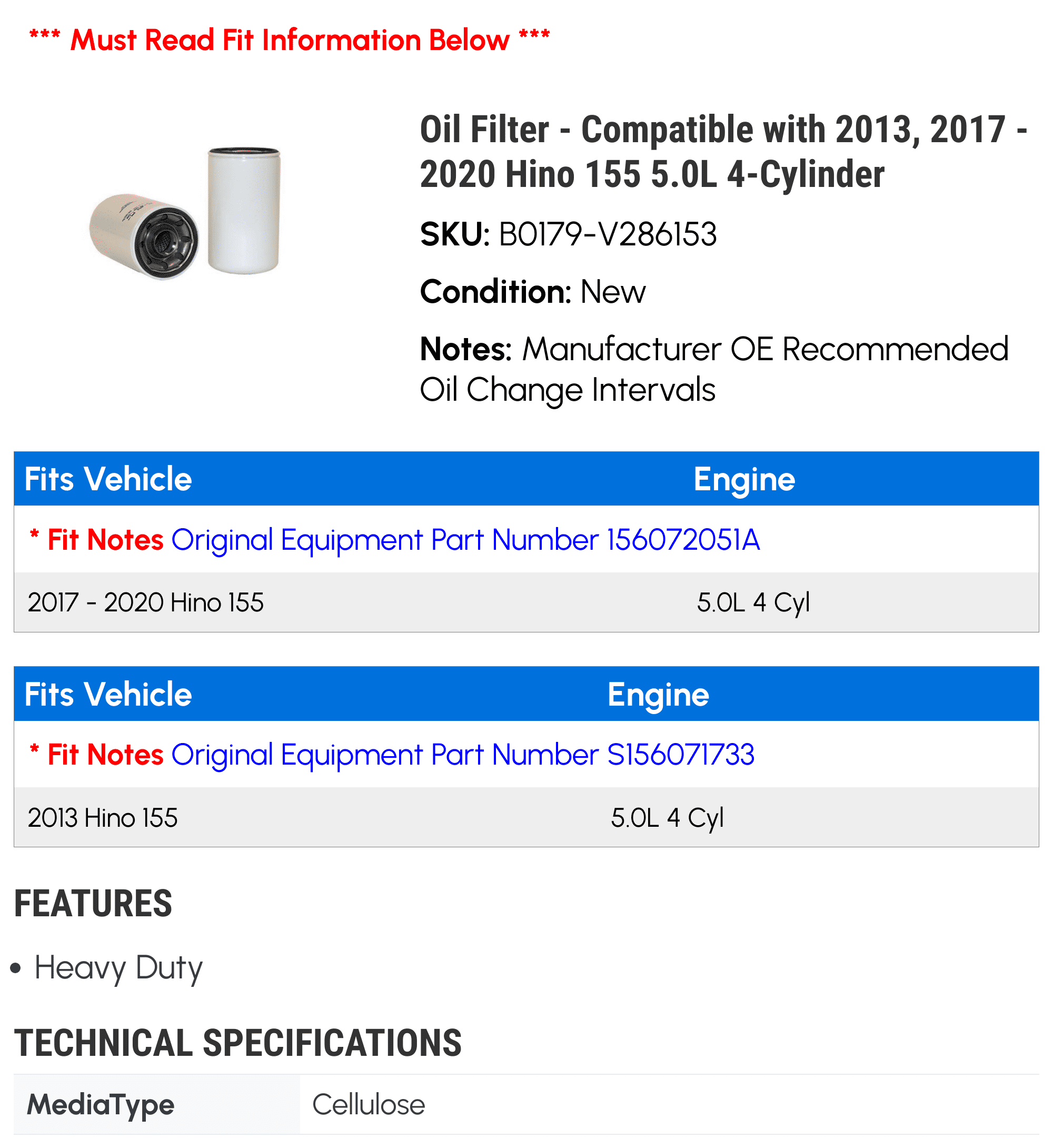 Oil Filter - Compatible with 2013, 2017 - 2020 Hino 155 5.0L 4-Cylinder 2018 2019