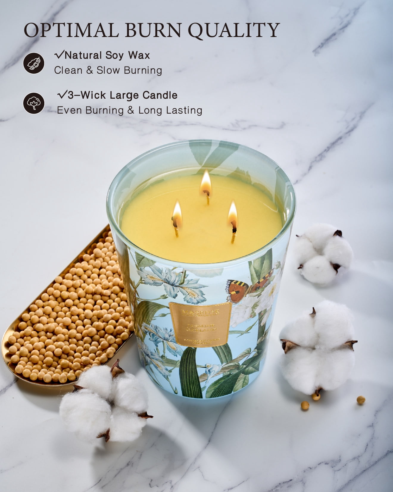 M&SENSE Jasmine Candles Scent, 3 Wick 35 oz, 150 Hours Burn Extra Large Jar Candles, Natural Soy Wax