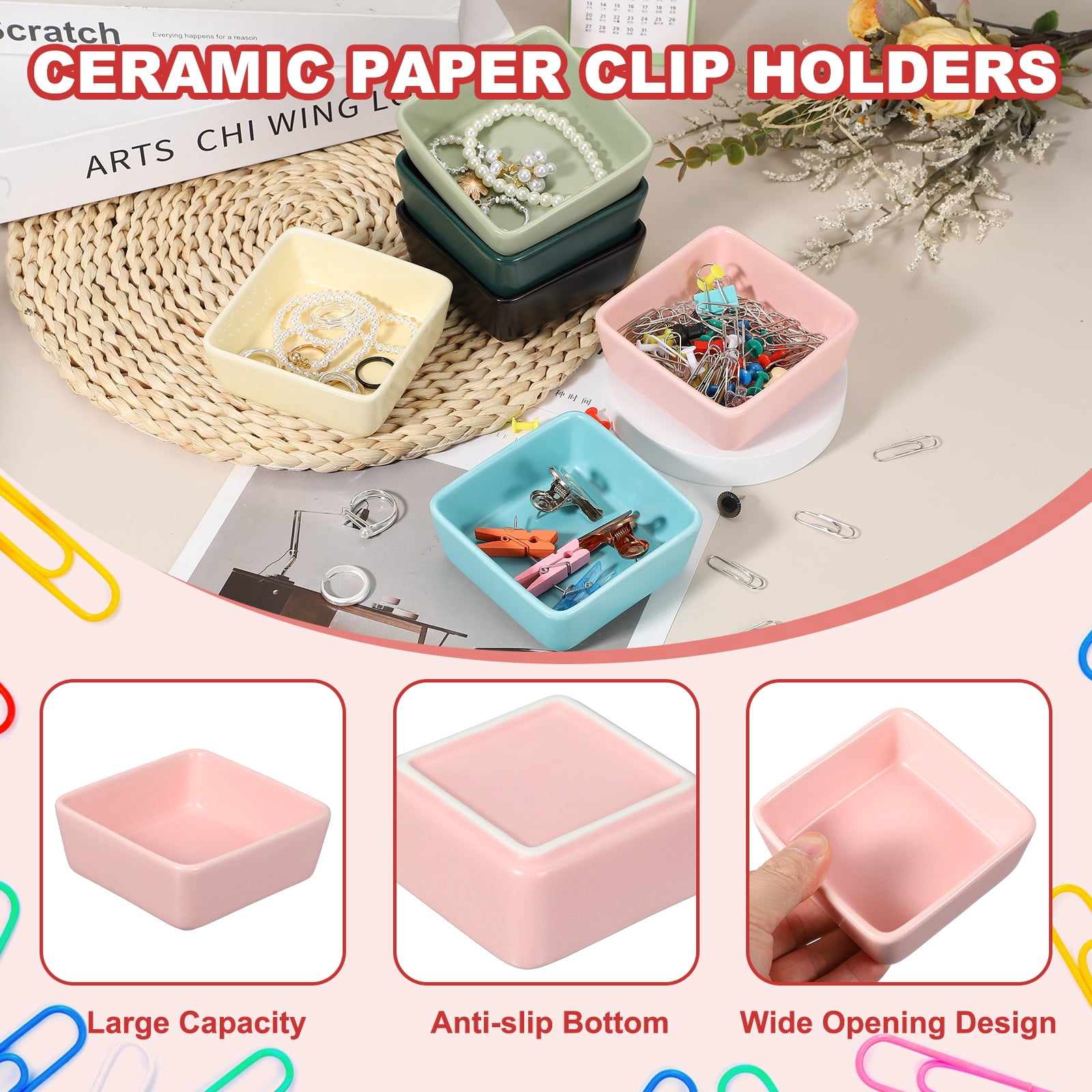 Uxcell Square Paper Clip Holders, 2 Pcs Ceramic Clip Dispenser Organizer Desk Organizer Accessories for Office Desktop Decor Bobby Pin Binder Paper Clamp, Pink