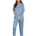 thumbnail image 1 of Gibobby Conjunto pijama mujer invierno Cárdigan de algodón para primavera, otoño e invierno, pantalones de manga larga tejidos de Color sólido, traje para el(Azul,G), 1 of 3