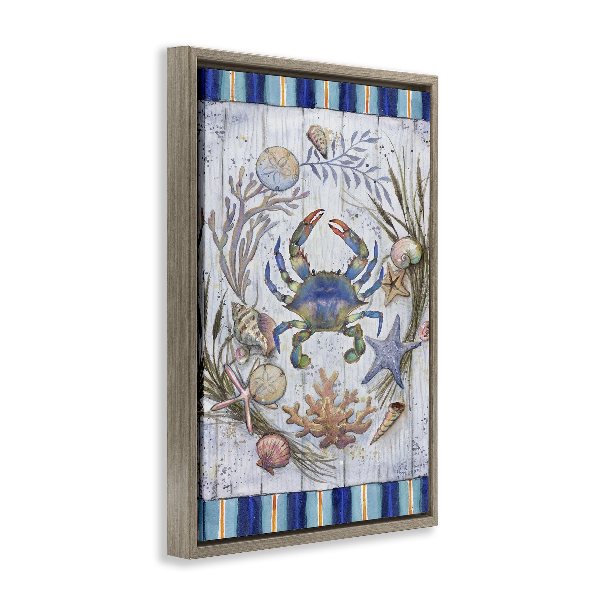 Stupell Industries Coastal Wreath & Crab Nautical & Beach Painting Brown Floater Framed Canvas Art Print Wall Art, 21 x 31