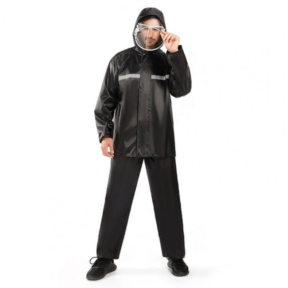 2Pcs/Set Raincoat Pants Set Hoodie Buttons Outdoor Working Rainproof Oxford Cloth Rainwear Set with Reflective Strip (black,M)