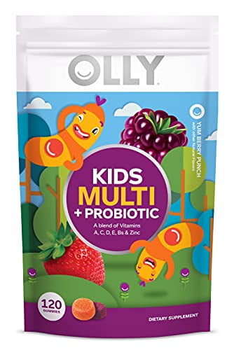 OLLY Kid's Multivitamin + Probiotic Gummy, Vitamins A, C, D, E, B, Zinc, Digestive Support, Chewable Supplement, Berry Flavor, 60 Day Supply - 120 Count Pouch