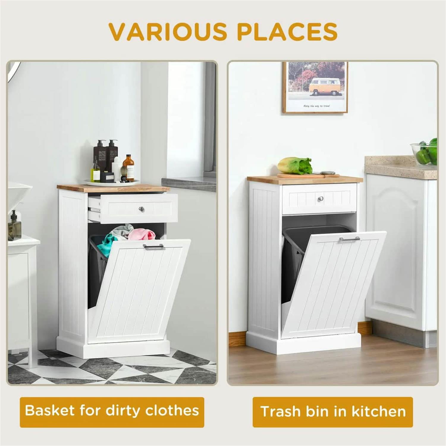 Demi Bonn 35" Kitchen Tilt-Out Trash Bin Cabinet Standalone Recycling Bin Holder with Drawer for Modern Kitchen, White